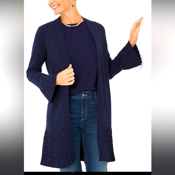 Chico’s Navy Cardigan  embellishments Pleated Faux-Pearl Cardigan XL - Picture 1 of 12